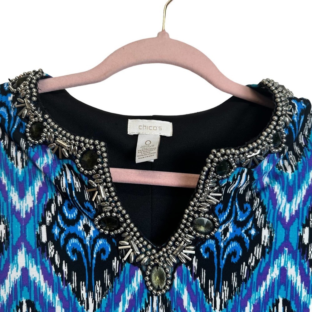Chicos Shift Dress Womens S Blue Black 3/4 Sleeve Jeweled Neck Boho 3/4 Resort - Picture 2 of 6